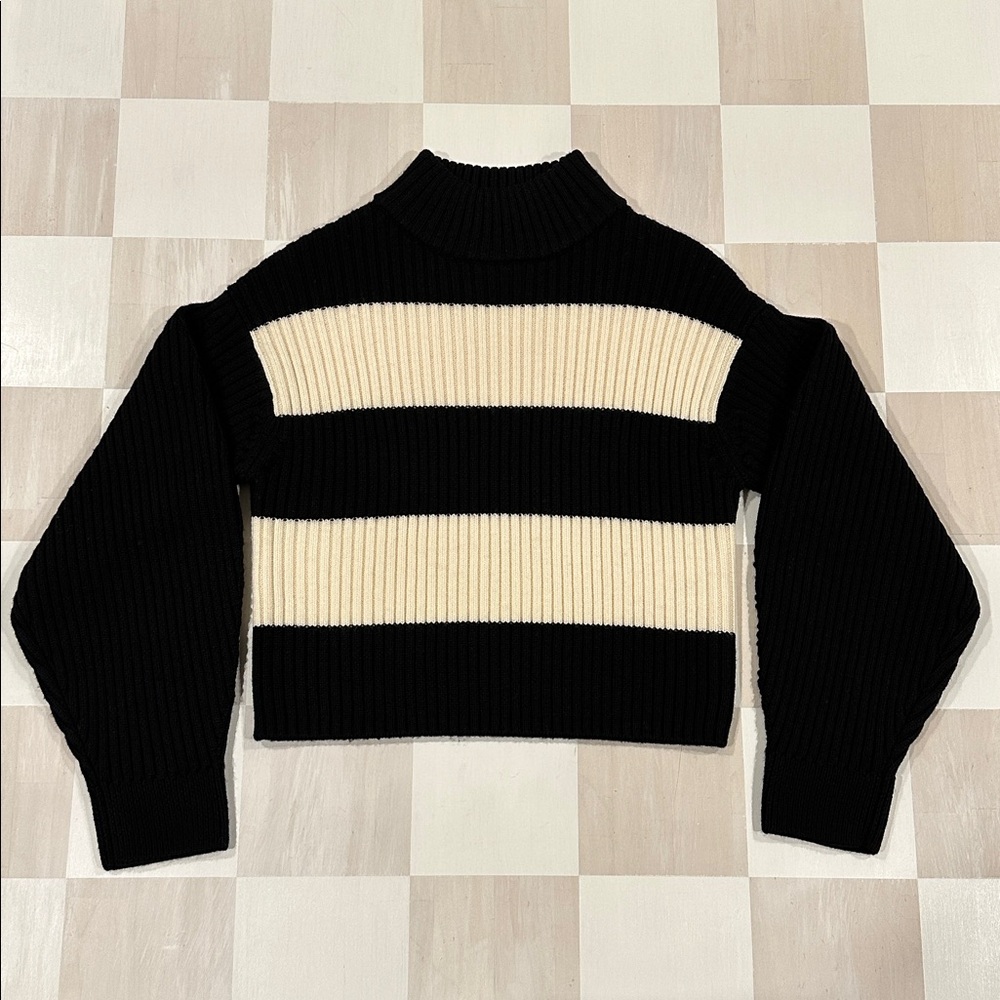 tibi black white striped merino wool mock neck sweater